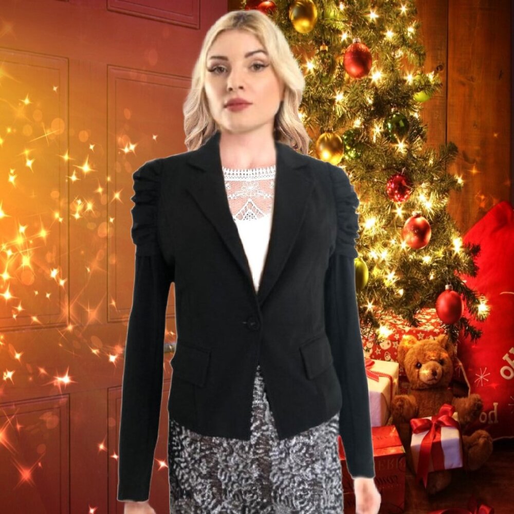 KOPA Single Breasted Tailored-Fit Ruched Mesh Shoulders Black Jacket Sz S